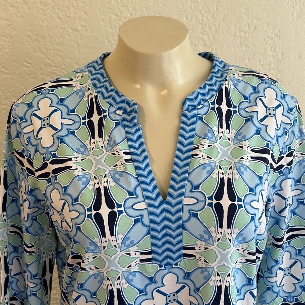 J. Mclaughlin LARGE Catalina Cloth Blue Green Geometric Print 3/4 Sleeve Dress - Picture 8 of 12